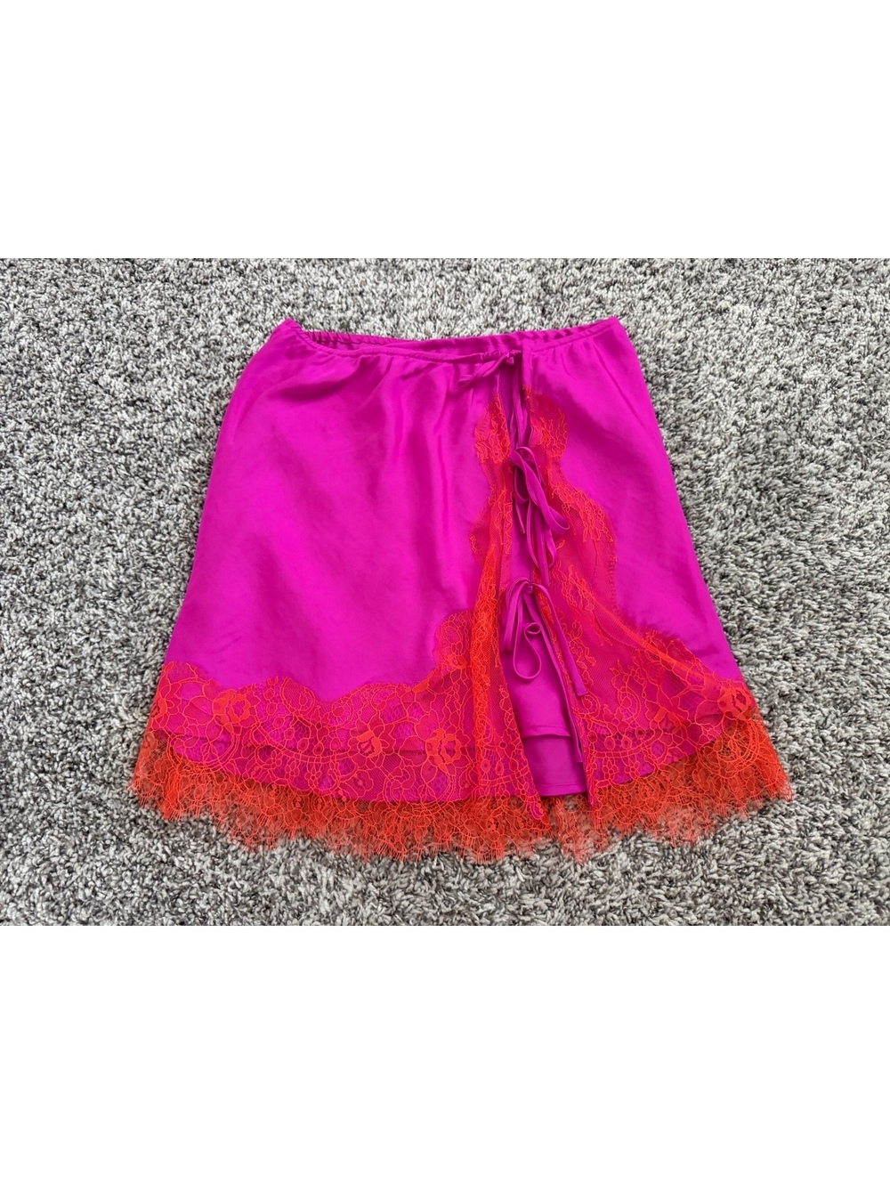 Free People Intimately Pink Satin Red Lace Trim Pull On Tie Side Skirt Size S